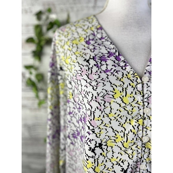 Liz Claiborne Blouse Tunic size Large Purple Yellow Floral Modest Career Slim - Picture 5 of 12